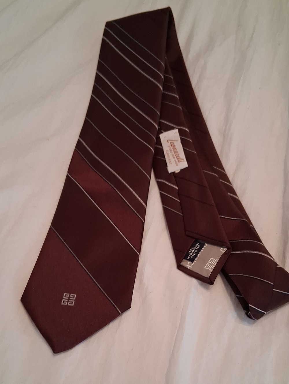 Givenchy Men's Brown Tie with Silver Diagonal Stripes. Elegant